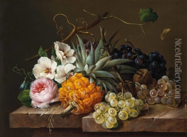 Blumen- Und Fruchtestillleben Mit Ananas, Weintrauben Oil Painting - Franz Xaver Petter