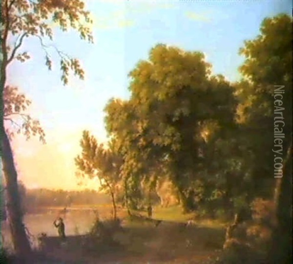 A View Of Carton Park, County Kildare With An Angler And    Sportsman With His Dogs By A Weir Oil Painting - William Ashford