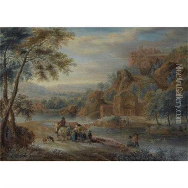A Mountainous River Landscape With Figures Conversing On A Path, Near A Classical Building Oil Painting - Andreas Martin