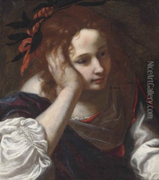 A Young Girl In A Red Dress With A Purple Cloak, Her Head Resting On Her Hand Oil Painting - Jacopo Vignali