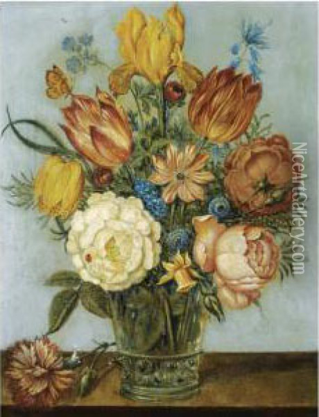 A Still Life With Tulips, Roses,
 Daffodils, Forget-me-nots Andother Flowers In A Glass Vase On A Wooden 
Ledge Oil Painting - Balthasar Van Der Ast