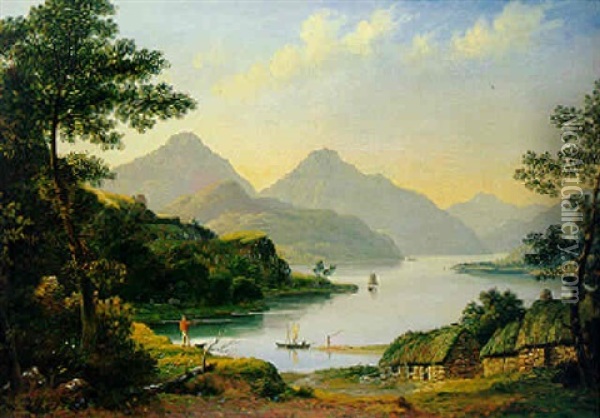 Figures And Cattle On The Shores Of A Scottish Loch Oil Painting - John Knox