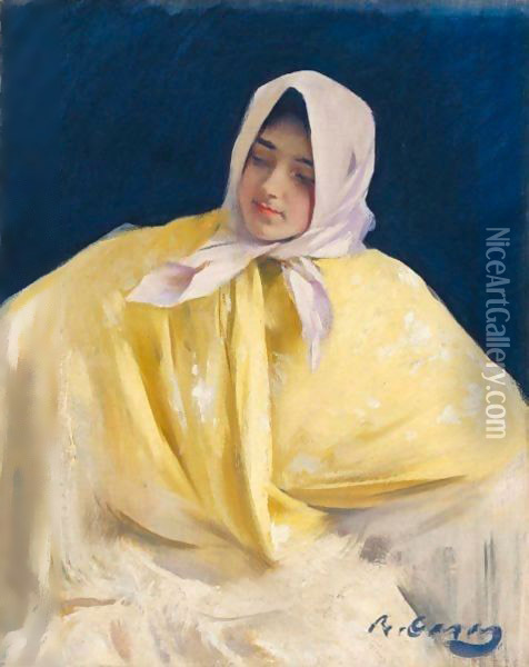 Chula Con Manton Amarillo (Girl With A Yellow Shawl) Oil Painting - Ramon Casas Y Carbo