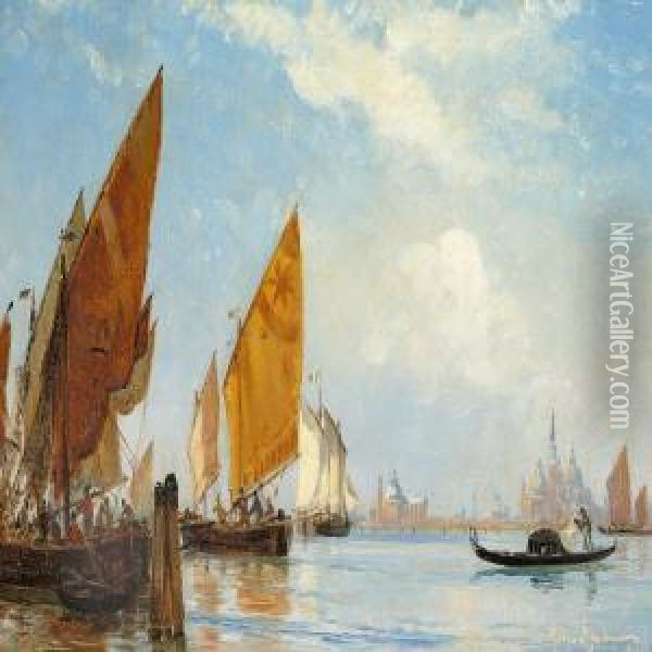 Fishing Vessels And Gondola In The Venetian Laguna Oil Painting - Holger Drachmann