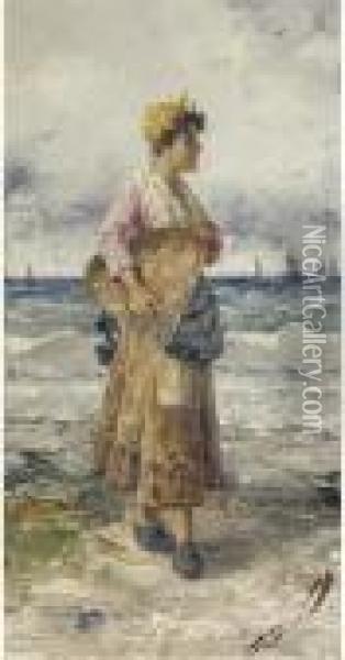 A Fisherman On The Beach; And The Fisherman's Wife Oil Painting - Frederick Reginald Donat