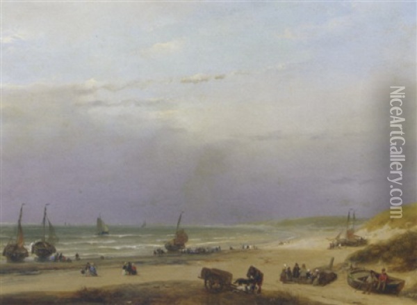 Daily Activities On The Beach Oil Painting - Andreas Schelfhout