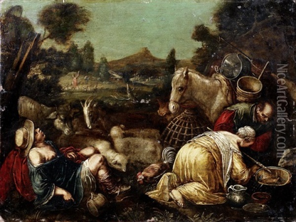 Drovers Tending Their Livestock Oil Painting - Giambattista da Ponte Bassano