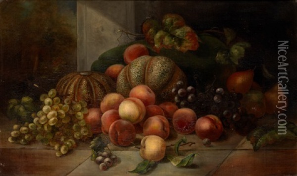 Peaches, Melons, Grapes And Pears On A Tiled Surface Oil Painting - Rubens Peale