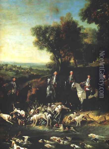 Louis XV Hunting Stag in the Forest of Saint-Germain Oil Painting - Jean-Baptiste Oudry