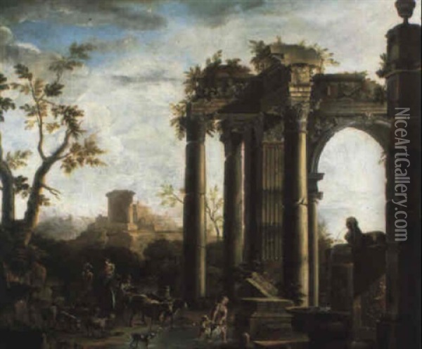 Travellers In A Landscape With Classical Ruins Oil Painting - Giovanni Ghisolfi