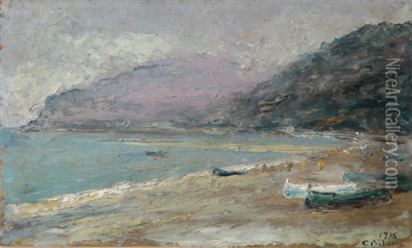 Barche Sulla Spiaggia Oil Painting - Cesare Biscarra