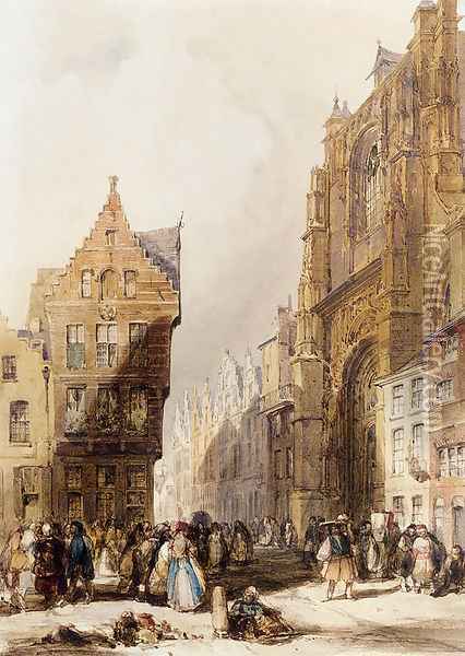 Figures On A Street In A Market Town, Belgium Oil Painting - Thomas Shotter Boys
