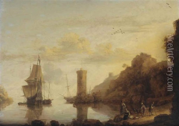 An Italianate, Mountainous Bay With Dutch Ships At Anchor, Figures Resting On The Shore Before A Tower Oil Painting - Bonaventura Peeters the Elder