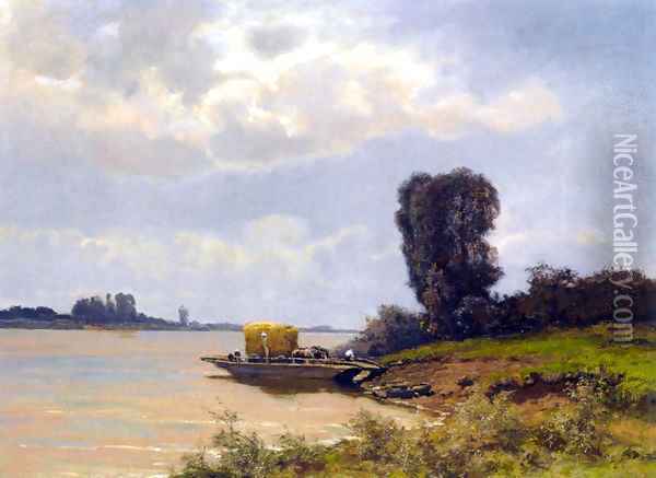 A Ferry In A Summer Landscape Oil Painting - Louis Apol