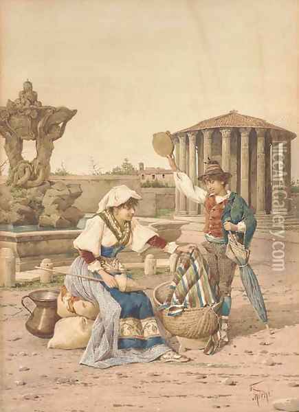 A young peasant couple outside the Temple of Vesta, Rome Oil Painting - Filippo Indoni