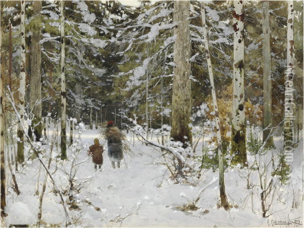 Gathering Branches In Winter Oil Painting - Constantin Kryschitskij