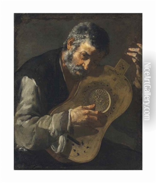 A Man Playing The Guitar Oil Painting -  Master of the Annunciation to the Shepherds