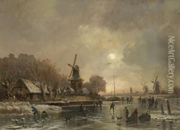 Eisvergnugen In Hollandischer
 Flusslandschaft. Oil Painting - Adolf Stademann