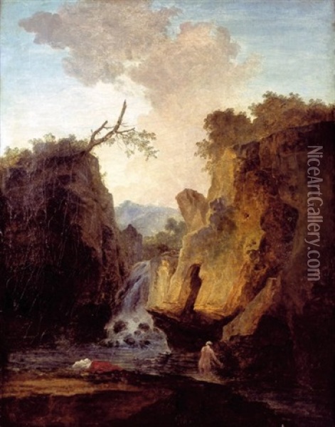 Paysage Montagneux Avec Cascade, Une Baigneuse Oil Painting - Hubert Robert