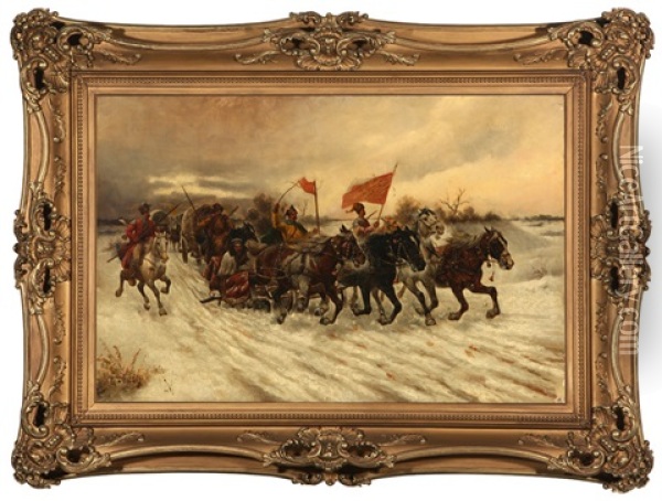 War And Peace, Russian Cossacks Riding In Winter Oil Painting - Adolf (Constantin) Baumgartner-Stoiloff