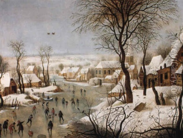 Winter Landscape With A Bird Trap Oil Painting - Pieter Brueghel the Younger