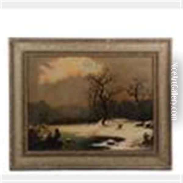 Two Hunters Converse In A Winter Wooded Landscape Oil Painting - George Henry Durrie