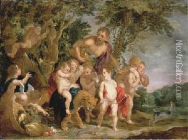 A Bacchanal In A Wooded River Landscape Oil Painting - Victor Wolfvoet