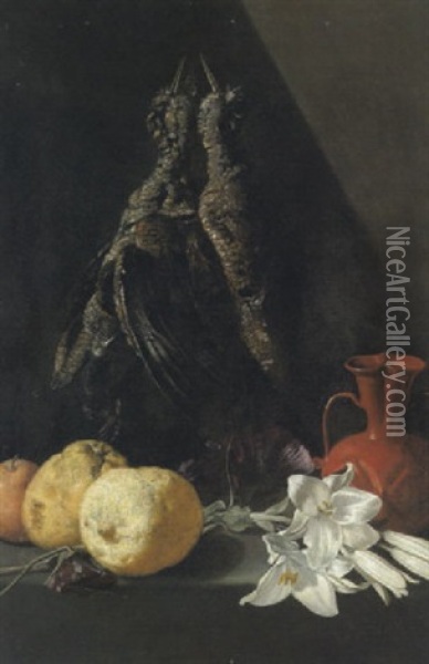 Natura Morta Con Uccelli Appesi, Cedri, Gigli E Una Brocca Su Un Ripiano Oil Painting - Giovanni Battista Recco