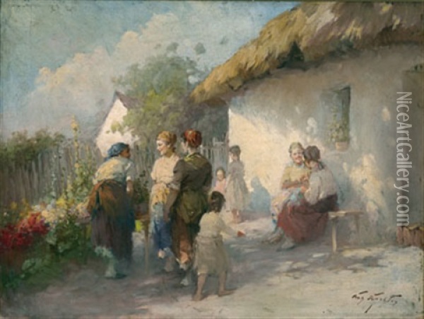 People Gathered Outside A Thatched Cottage Oil Painting - Acs Agoston