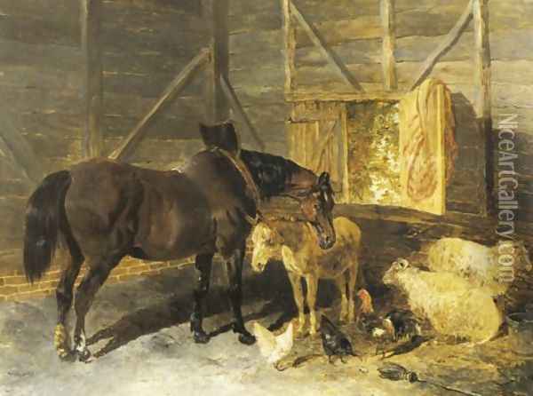 Liver Chestnut Carriage Horse Donkey Sheep Oil Painting - John Frederick Herring Snr