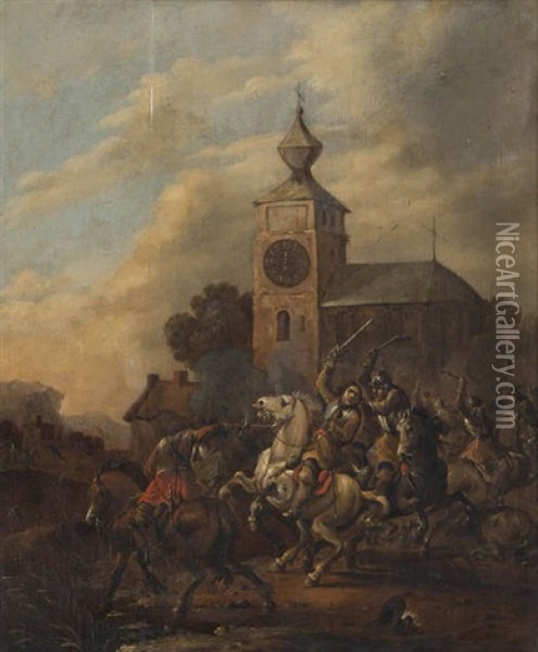 Cavaleriegevecht Bij Kerktoren Op Het Middaguur Oil Painting - Simon Johannes van Douw