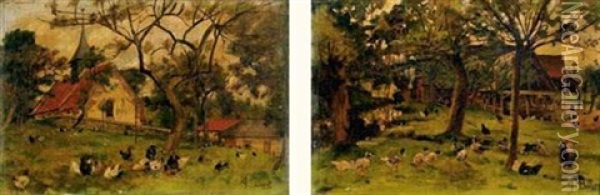 La Basse-cour (pair) Oil Painting - Auguste Durst
