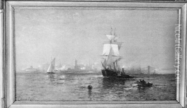 New York Harbor With Tugboat Assisting Sailing Ship Oil Painting - Edward Moran
