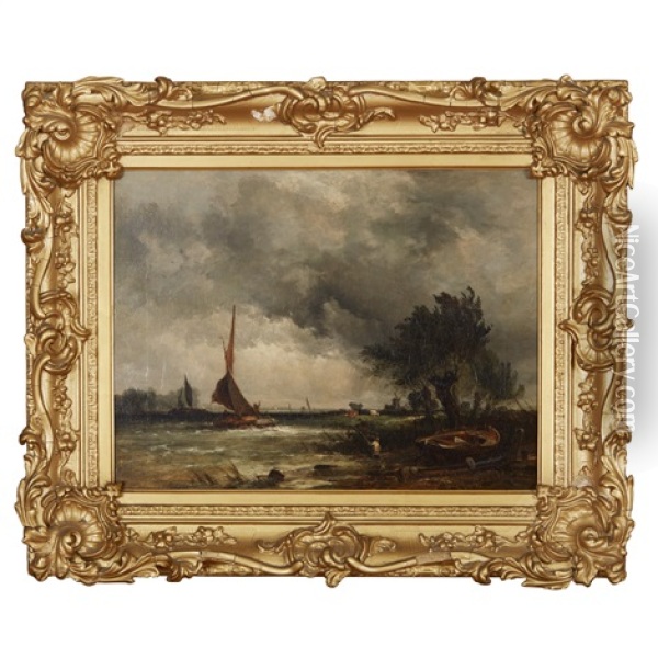 Shipping In An Estuary With A Fisherman And A Windmill Oil Painting - George Augustus Williams