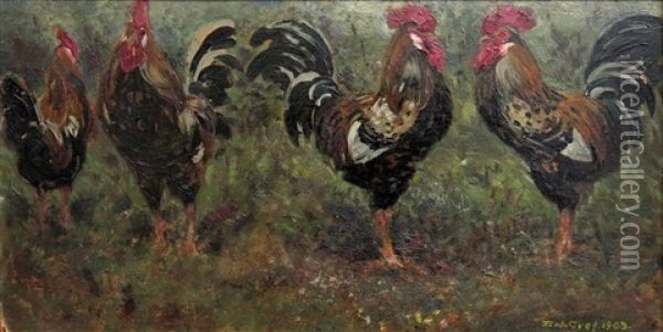 Vier Hahne Oil Painting - Heinrich Franz