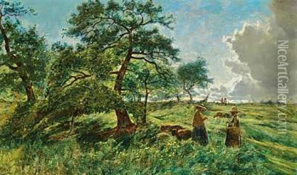 Sommerlandskab Med To Bondekoner, Der Strikker Under De Skyggefulde Traeer Oil Painting - Adolphe Potter