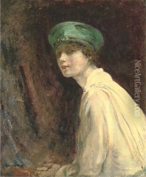 The Green Hat: Portrait Of Mrs Claude Johnson Oil Painting - Arthur Ambrose McEvoy