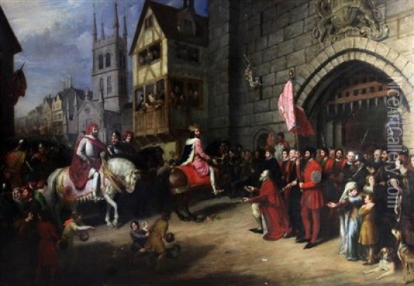 The Entry Of The Black Prince Into London With The French King And His Son As Prisoners, Welcomed By King Edward Iii, The Mayor Of London... Oil Painting - James Ramsay
