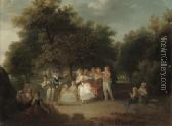 Elegant Company Playing Blind Man's Buff In A Woodedlandscape Oil Painting - Jean-Frederic Schall