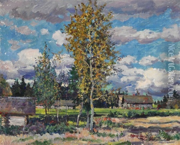 Russian Landscape With Birch Trees And Wooden Houses On A Sunny Day Oil Painting - Sergei Arsenievich Vinogradov