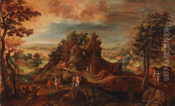 A Fantastic Landscape With The Sacrifice Of Isaac Oil Painting - Jan Willemsz. Decker