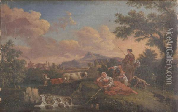 Zuiders Landschap Met Veehoeders Oil Painting - C Carrelli