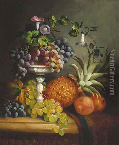 Grapes, a peach, a pomegranate, a pineapple, and a tazza, on a draped marble ledge Oil Painting - George Lance
