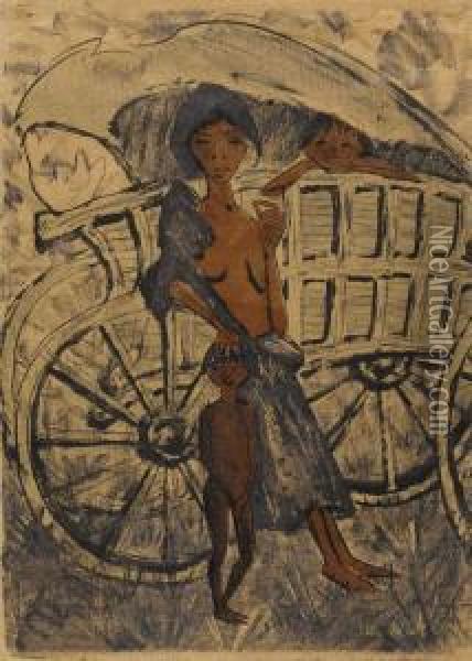 Zigeunerin Mit Kind Vor Dem Planwagen Oil Painting - Otto Mueller