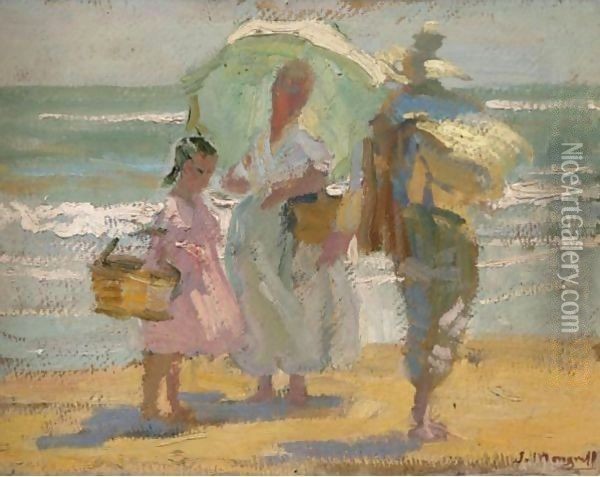 Family on the Beach (Familia en la playa) Oil Painting - Jose Mongrell