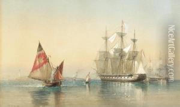 Traditional Braggozi Greeting Two British Frigates Arriving Off Venice Oil Painting - Sir Oswald Walter Brierly