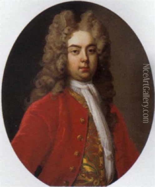 Portrait Of A Gentleman In A Red Coat With A Gold Patterned Waistcoat Oil Painting - Hans Hysing