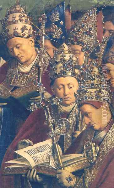 Ghent Altarpiece, Popes and Bishops (detail) Oil Painting - Jan Van Eyck