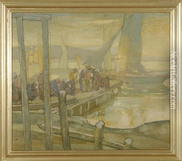 Dock Scene With Numerous Figures Oil Painting - Richard Emile Miller