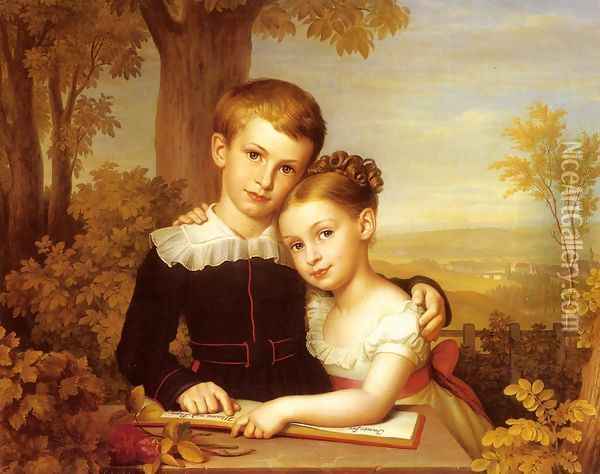 Portrait of two Children with an extensive Landscape beyond Oil Painting - Carl Jacob Leybold